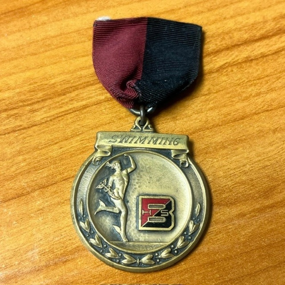 Vintage 1936 BHS Swimming Medal Bronze Tone Enamel Dieges & Clust MGR Engraved